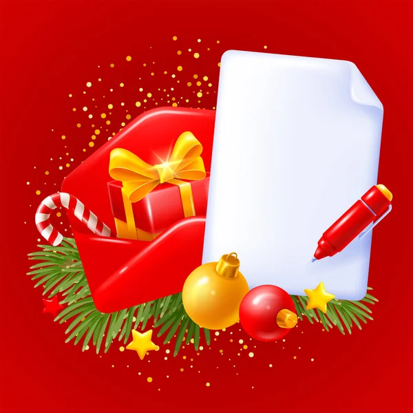 Mutlu Noeller Mutlu Yıllar Için Kırmızı Zarf Hediye Kutusu Şeker — Stok Vektör