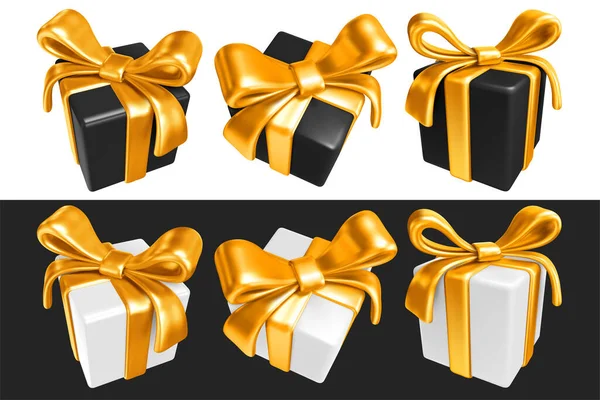 Set Isolated Festive Black White Gift Boxes Gorgeous Golden Bow — Stock Vector