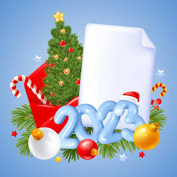 メリークリスマスとハッピーニューイヤーグリーティングレターのための赤い封筒 クリスマスツリー ボール 凸数字2023とティンセルはお祝いの組成を作ります 3Dリアルなベクターイラスト — ストックベクタ
