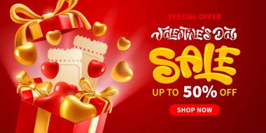 Sevgililer Günü için reklam afişi şablonu. Mağaza promosyonu için parlak bir tasarım. Tatillerde alışverişe davet. Kalpler hediye kutusundan fırlıyor, kırmızı arka plan. Vektör 3d illüstrasyon