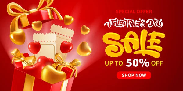 Sevgililer Günü için reklam afişi şablonu. Mağaza promosyonu için parlak bir tasarım. Tatillerde alışverişe davet. Kalpler hediye kutusundan fırlıyor, kırmızı arka plan. Vektör 3d illüstrasyon