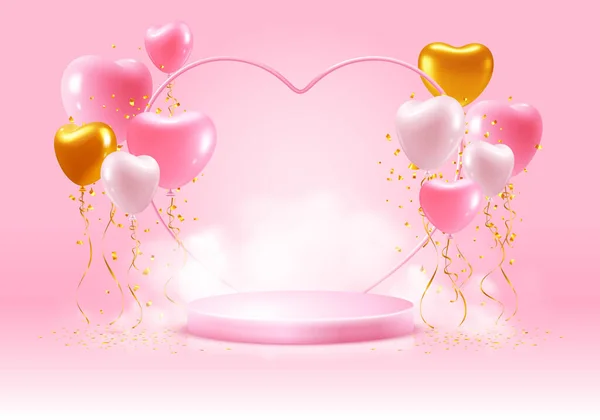 バレンタインデーの背景には ピンクの製品ディスプレイと黄金のリボンとティンセルを持つハート型の風船があります 煙や表彰台の周り霧 ベクトル3Dイラスト — ストックベクタ