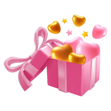 Sevgililer Günü için hediye kutusu, düğün, doğum günü ya da diğer etkinlikler. Pembe ve altın kalpler pembe hediye kutusundan uçuyor, beyaz arka planda izole edilmiş. Vektör gerçekçi 3d illüstrasyon