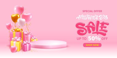 Sevgililer Günü arkaplanı pembe ürün sergisi ve kalp şeklinde altın kurdeleli balonlar hediye kutuları ve süslemelerle dolu. Tatil için reklam şablonu. Vektör 3d illüstrasyon