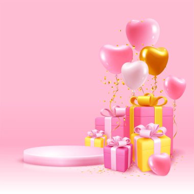 Sevgililer Günü arkaplanı pembe ürün sergisi ve kalp şeklinde altın kurdeleli balonlar hediye kutuları ve süslemelerle dolu. Tatil için reklam şablonu. Vektör 3d illüstrasyon