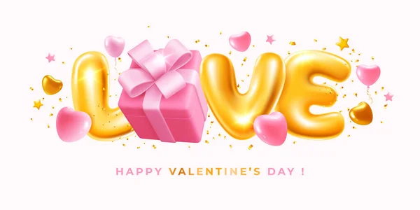 バレンタインデーの挨拶 金色のインフレータブルおもちゃの風船の手紙の愛と心の形 かわいい弓でピンクのギフトボックスは 空気中を飛んでいます ベクトル3Dリアルなイラスト — ストックベクタ