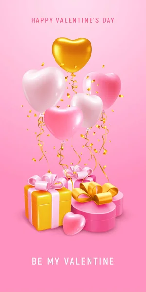 Valentijnsdag Begroeting Achtergrond Met Hartvormige Ballonnen Gouden Lint Geschenkdozen Knutselen — Stockvector