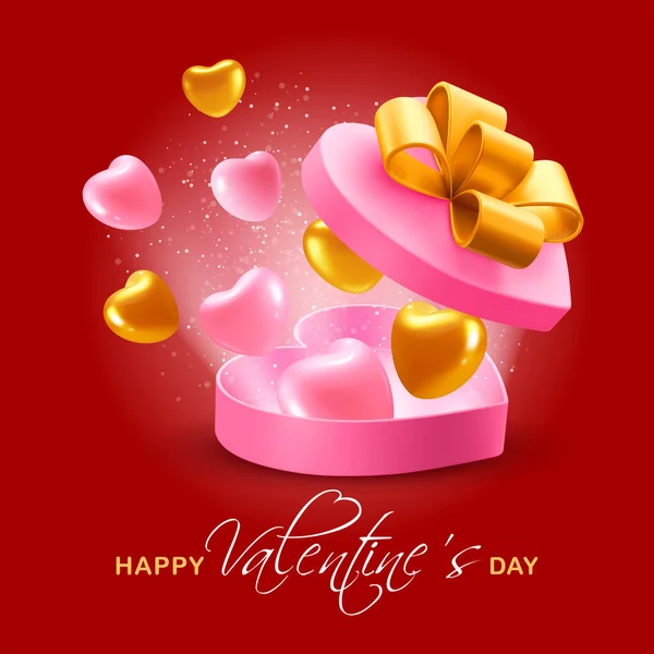 Happy Valentine Day Greeting Background Pink Golden Hearts Flying Out — Stock Vector