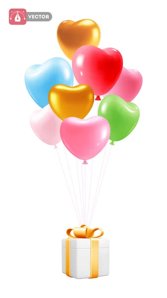 Gift Box Flying Heart Shape Inflatable Balloons Conceptual Realistic Design — Image vectorielle