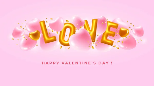 バレンタインデーグリーティングカードテンプレート 金の文字を凸状にパステルカラーの背景に愛 ピンクと金の心 ベクトル3Dリアルなイラスト — ストックベクタ