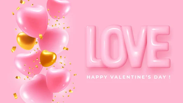 Valentines Day Greeting Card Template Convex Letters Love Pink Gold — Archivo Imágenes Vectoriales