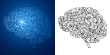 Set of Brain drawings with linear texture. Digital brain, brainstorm logo. Science,  neural network, artificial intelligence or modern technology concept. Vector 3d illustration.