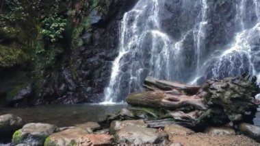 Motion of little waterfall inside canyon, water jets falling with stone wall background, between mossed rocks. Waterfall Mirveti in the Georgia mountains