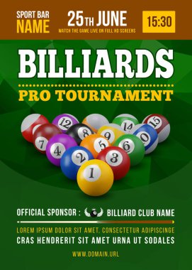 Pool billiards tournament poster with 3d realistic billiards balls. Competition game advertising. Sport event announcement. Place your text and emblems. Vector illustration