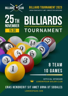 Pool billiards tournament poster with 3d realistic billiards balls. Competition game advertising. Sport event announcement. Place your text and emblems. Vector illustration