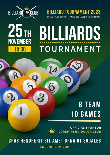 Pool Billiards Tournament Poster Realistic Billiards Balls Competition Game Advertising — Vettoriale Stock