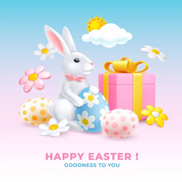 Easter Greeting Banner Cute Bunny Colored Easter Eggs Gift Box — Stok Vektör
