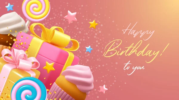Verjaardagskaart Met Gekleurde Geschenkdozen Veelkleurige Glanzende Geschenken Met Prachtige Strikken — Stockvector