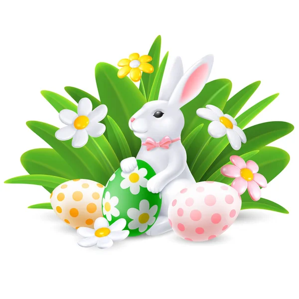 イースターバニーは デイジーの花で春の草の中に座って 色の卵を保持します イースターグリーティングや卵狩りパーティーのためのトレンディな概念的なデザイン ベクトル3Dリアルなイラスト Eps10 — ストックベクタ