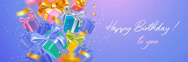 Kartka Urodzinowa Kolorowymi Pudełkami Wielokolorowe Błyszczące Prezenty Pięknymi Łukami Latające — Wektor stockowy