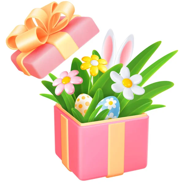 Oeufs Pâques Colorés Oreilles Lapin Herbe Printemps Fleurs Marguerite Dans — Image vectorielle