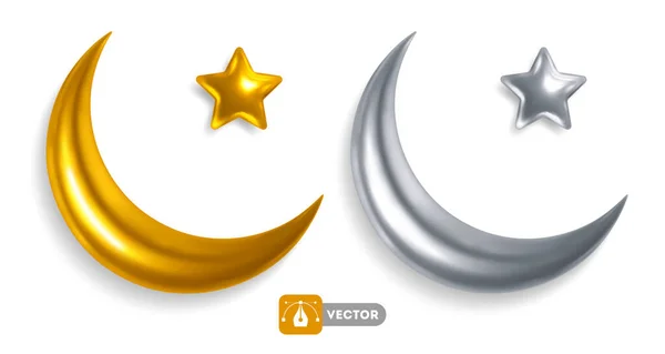 Crescent Star Gold Silver Colored Islamic Symbol Isolated Transparent Background — Stock Vector