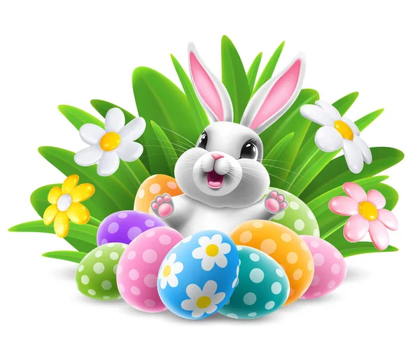 Sevimli Neşeli Paskalya Tavşanı Benekli Renkli Paskalya Yumurtaları Bahar Otları — Stok Vektör