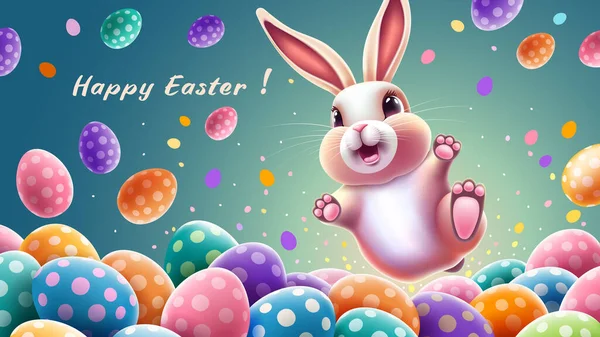 Buona Pasqua Banner Biglietto Auguri Con Divertente Coniglietto Saltando Sopra — Vettoriale Stock