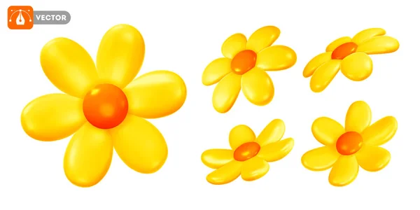 Sada Sedmikrásek Žlutými Okvětními Lístky Oranžovým Středem Objemové Heřmánkové Květy — Stockový vektor