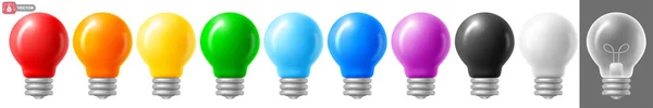 一套3D最小风格的灯泡 色彩艳丽透明的白炽灯泡 新的创意概念 企业任务创新解决方案 矢量逼真说明 — 图库矢量图片