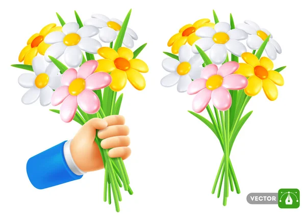 男人的手捧着一束雏菊 和可爱的花束分开在片场 被白色背景隔离 矢量3D实际说明 — 图库矢量图片