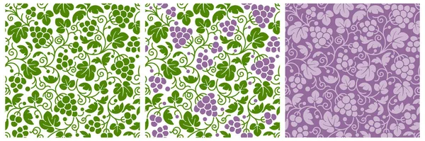 用成熟的葡萄和叶子制成的葡萄无缝图案 单色和彩色图案在不同背景的集合 矢量说明 — 图库矢量图片