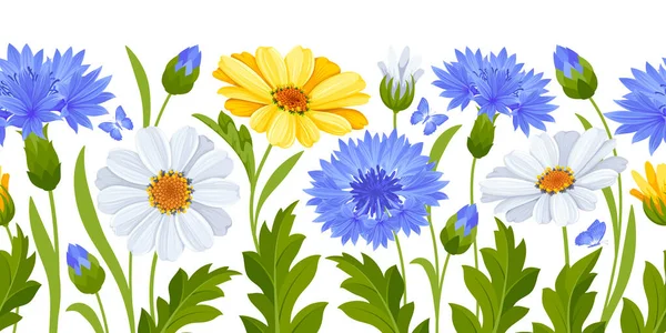 青いコーンフラワー 黄色と白のデイジーの花 葉や芽のパターンを持つ水平シームレスな境界線は白い背景に隔離されています 可愛い花の植物装飾 ベクターイラスト — ストックベクタ