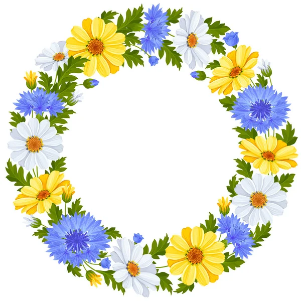 圆形框架 蓝色的玉米花图案 黄色和白色的菊花 叶子和芽隔离在白色的背景 可爱的植物圆形装饰 矢量说明 — 图库矢量图片