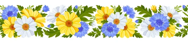水平无缝边界与图案蓝色的玉米花 黄色和白色的菊花 叶子和芽隔离在一个白色的背景 可爱的植物装饰 矢量说明 — 图库矢量图片