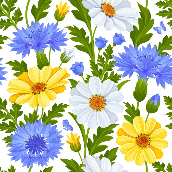 无缝图案的蓝色的玉米花 黄色和白色的雏菊花 叶子和芽隔离在白色的背景 可爱的植物装饰 矢量说明 — 图库矢量图片