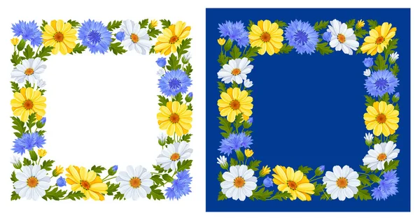 方形框架 蓝色的玉米花图案 黄色和白色的雏菊花 叶子和芽隔离在白色和蓝色的背景 可爱的植物装饰 矢量说明 — 图库矢量图片
