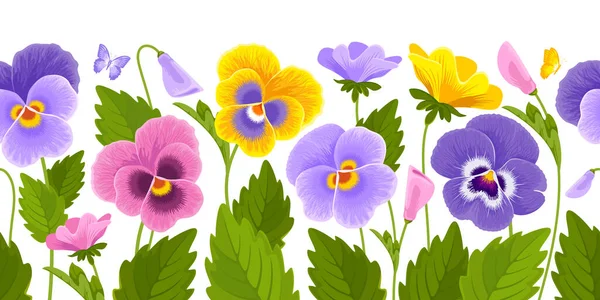 水平无缝边界与图案的黄色 紫色和粉红色的潘西花 叶子和芽隔离在一个白色的背景 可爱的植物装饰 矢量说明 — 图库矢量图片