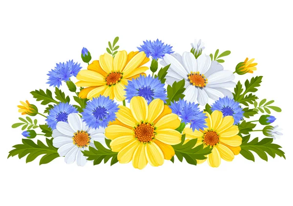 野の花の優しい花束 黄色と白のデイジー 青いコーンフラワー 葉と芽 ベクターイラスト — ストックベクタ