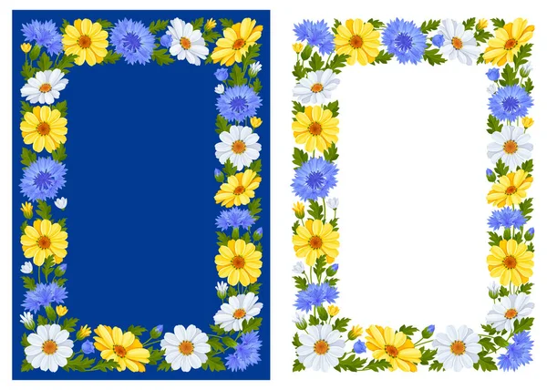 青の花 黄色と白のデイジーの花 白と青の背景に隔離された葉や芽のかわいいパターンを持つ長方形のフレーム A4アスペクト比 ベクターイラスト — ストックベクタ