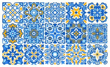 Azulejo mozaik fayanslar, mavi, beyaz, sarı renkli, çiçek motifli kare desenler. Akdeniz, Portekiz, İspanyol geleneksel klasik seramik döşeme. Çiçekli Arabesk süsü. Vektör