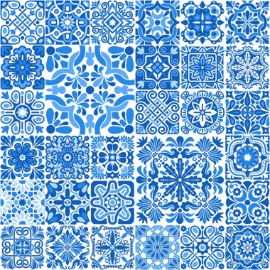 Azulejo mozaik fayanslar, çiçek motifli kare desenler, mavi ve beyaz renkler. Akdeniz, Portekiz, İspanyol geleneksel klasik seramik döşeme. Çiçekli Arabesk süsü. Vektör