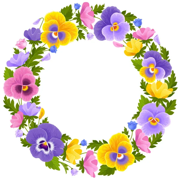 Kulatý Rám Pestrobarevnými Květy Poupaty Listy Izolovanými Bílém Pozadí Detailní — Stockový vektor