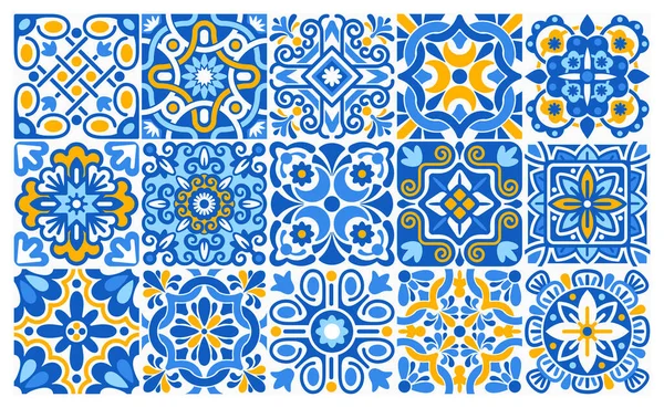 모자이크 파란색 노란색의 정사각형에 무늬가 있습니다 지중해 포르투갈 스페인 빈티지 — 스톡 벡터