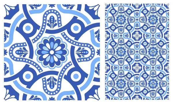 阿苏莱霍马赛克瓷砖 正方形图案与花卉图案 蓝色和白色 地中海 葡萄牙 西班牙传统的老式瓷砖 用鲜花装饰的阿拉伯饰物 — 图库矢量图片