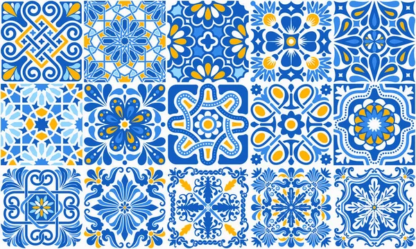 绿叶马赛克瓷砖 黄色正方形图案与花卉图案 地中海 葡萄牙 西班牙传统的老式瓷砖 用鲜花装饰的阿拉伯饰物 — 图库矢量图片