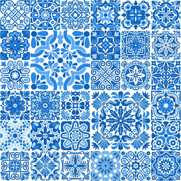 Azulejo Mosaico Patrones Cuadrados Con Motivos Florales Colores Azul Blanco — Archivo Imágenes Vectoriales
