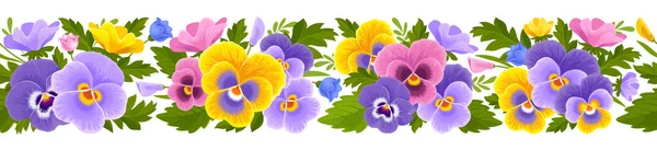 Περίγραμμα Απρόσκοπτη Μοτίβο Φωτεινά Πολύχρωμα Πανσές Λουλούδια Μπουμπούκια Και Φύλλα — Διανυσματικό Αρχείο