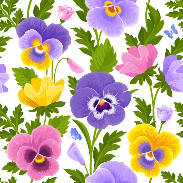 Seamless Pattern Multicolor Pansy Flowers Buds Leaves Surface Design Any — Stock Vector