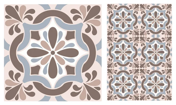 Azulejo Mosaic Tile Square Pattern Floral Motifs Beige Colors Mediterranean — Stock Vector